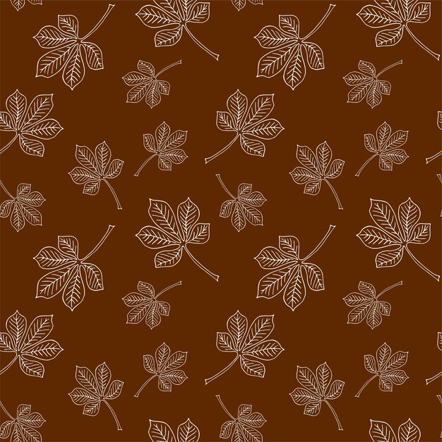 Chestnut leaves linear white outline brown seamless pattern