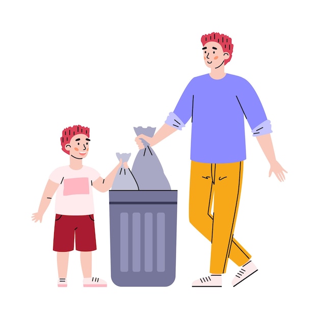 Child boy helps father to throw garbage cartoon vector illustration isolated