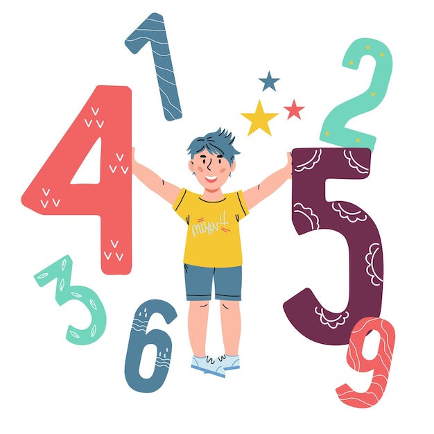 child boy learning numbers and standing with mathematics figures vector