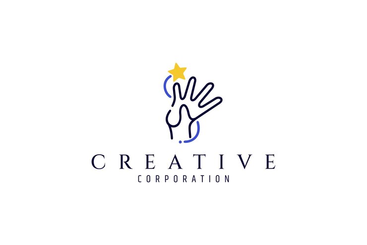 child hand reaching for stars with line art logo design