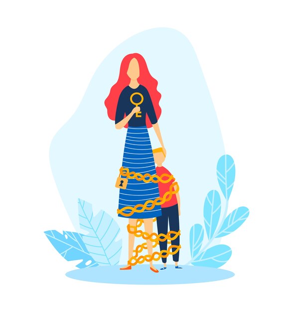 Child mother, kid and mom parent relationship problem  illustration. Parenting conflict, woman character bind son by cartoon chain