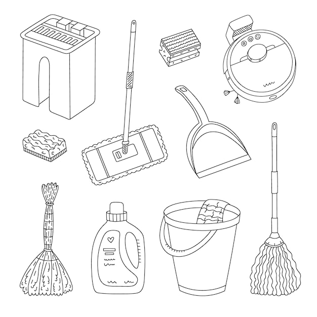 Childish scribble cleaning apartment set with household tools Funny washing doodle