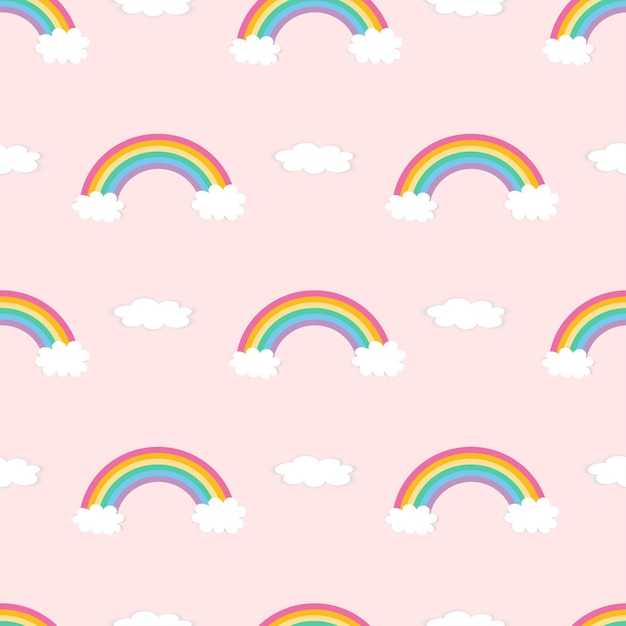 childish seamless pattern on pink background rainbow with clouds