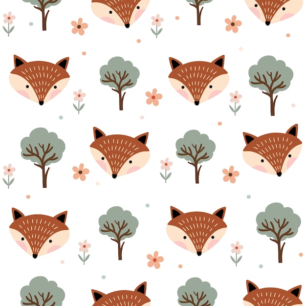 Childish seamless pattern with foxes and trees