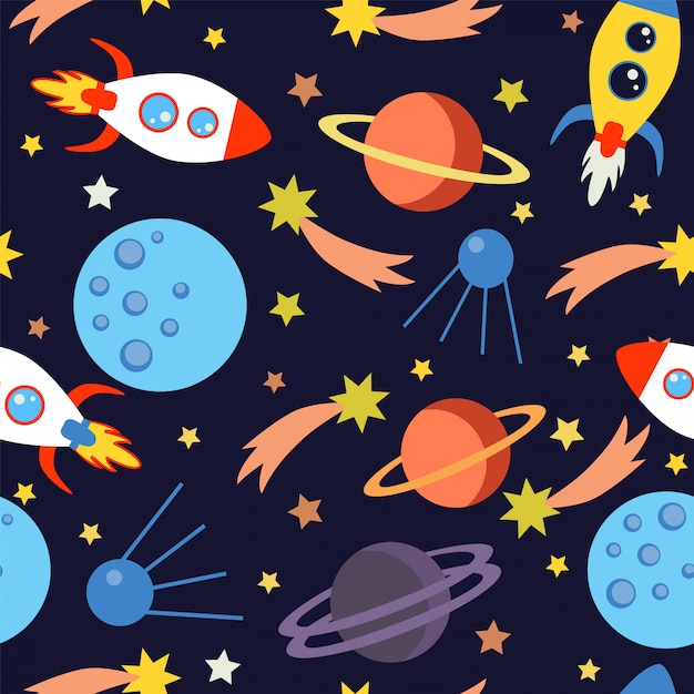 childish seamless pattern with planets, stars, rockets. 