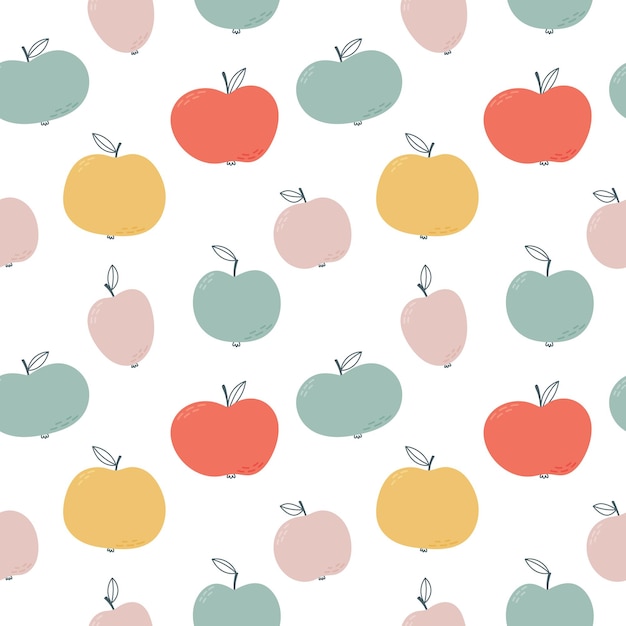 Childish vector seamless pattern with cute hand drawn colorful apples limited to a gender neutral palette