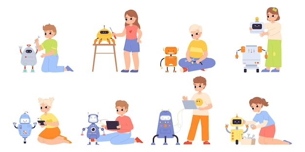 Children and robots happy kids modeling robot and projecting mechanical toys Little girl boy creating and programming on lesson snugly vector set