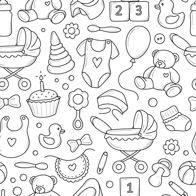 Children's pattern with items for newborns handdrawn in doodle style