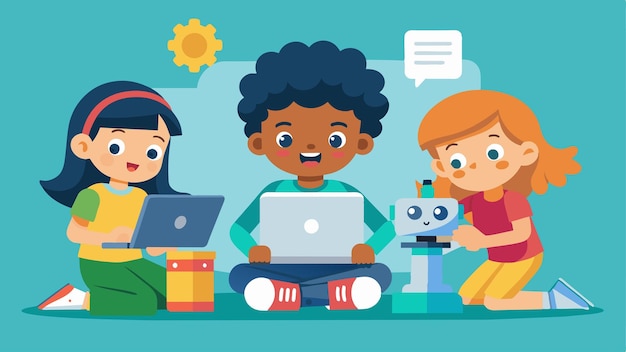 Children working together to solve a coding challenge with their robot using problemsolving skills
