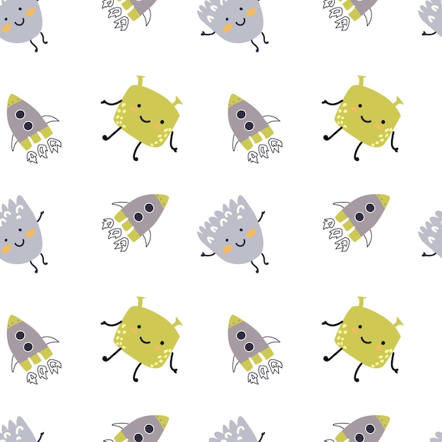 Childrens cute pattern with monsters or aliens in space Galaxy elements and rockets