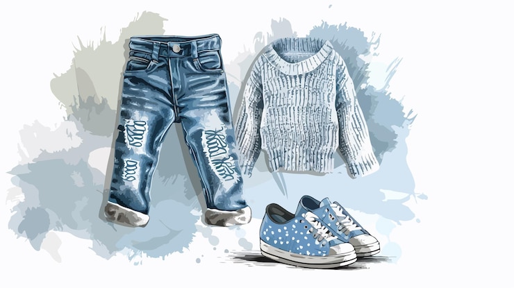 Vektör childrens knitted sweater jeans and shoes on grunge background