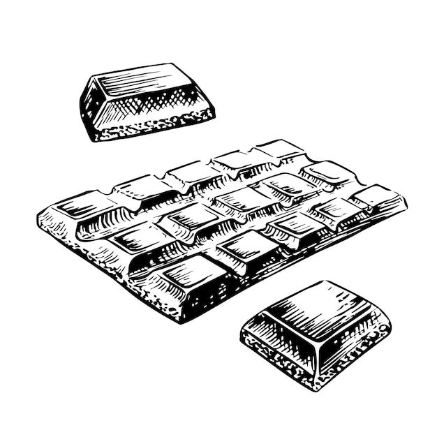 Chocolate bar with chocolate pieces black and white vector graphics handdrawn
