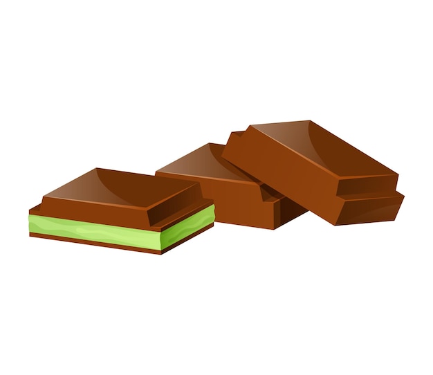 Chocolate slice with green mint sweet topping choco candy bar realistic food cartoon vector