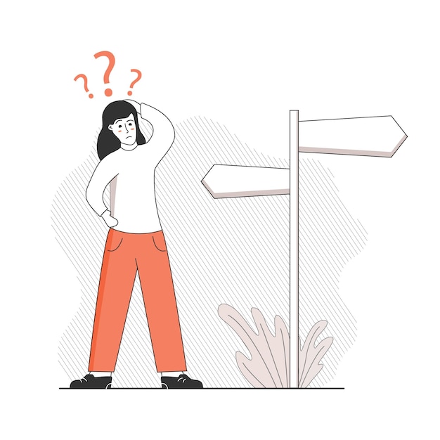 choice way signpost.woman standing difficult choice.where is the direction to go.