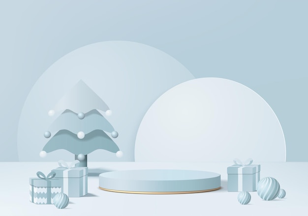 Christmas 3d minimal rendered scene with gift box and podium platform. Christmas tree background vector 3d rendering with gold podium. stand to show products. Christmas 3d showcase on pedestal blue