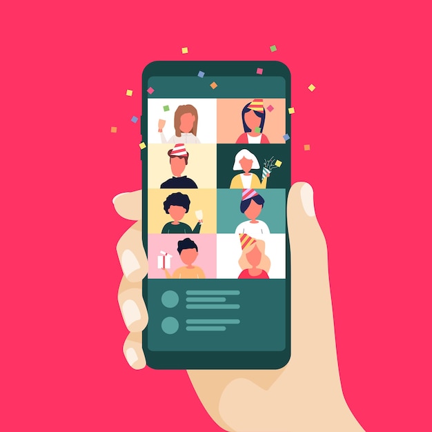 Christmas and New Year online celebration using mobile phone. Party online with video call.