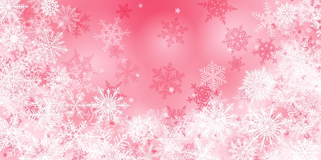 christmas background of beautiful complex snowflakes located below white on pink colors winter illustration with falling snow