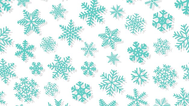 Christmas background of snowflakes of different shapes and sizes with shadows Light blue on white