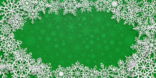 Christmas background with ellipse of paper snowflakes with soft shadows on green background