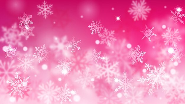 christmas blurred background of complex defocused big and small falling snowflakes in pink colors with bokeh effect