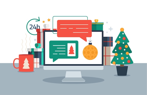 christmas chatting on pc computer chat messages on computer online illustration