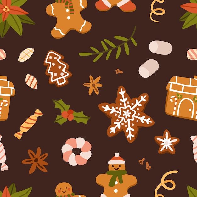 christmas cookies pattern. seamless background with gingerbread man, ginger biscuits, candies, xmas sweets, spices. winter holiday bakery and treats, repeating print. colored flat vector illustration.