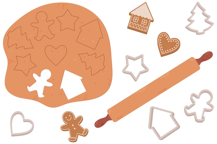 Vektör christmas cookies the process of making homemade cookies gingerbread cutter molds raw dough and rolling pin