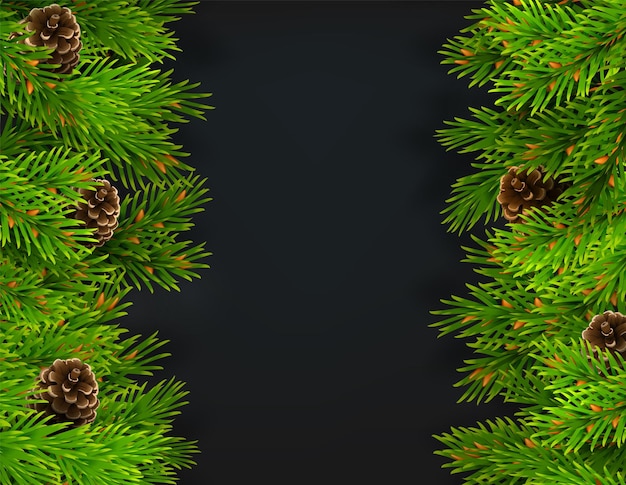 Christmas decorative border made of fir branches with toys garlands candy canes cones