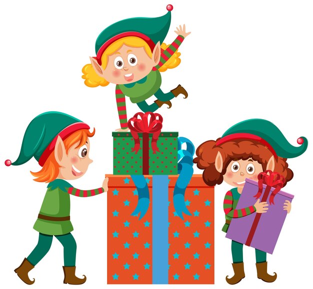 Christmas elf kids with gift boxes