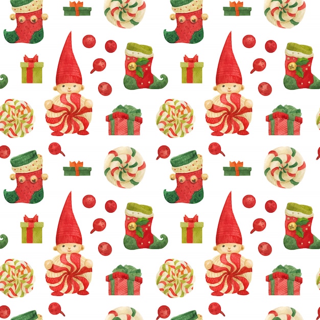 Christmas Elves Factory seamless pattern with stockings and lollipops