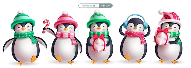 Christmas penguin characters vector set design Penguin character cute mascot collection wearing hat