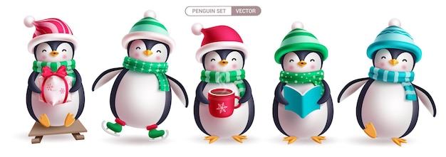 Christmas penguin characters vector set design Penguin christmas character with holding gift box
