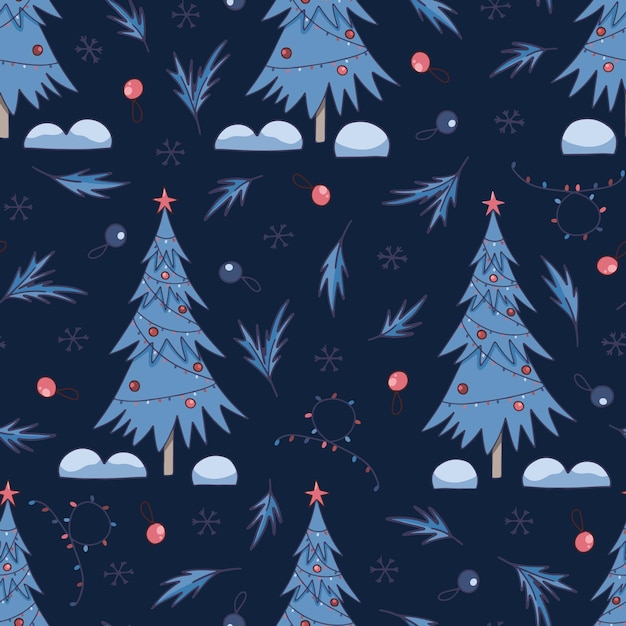Christmas seamless pattern. Christmas tree, decorations, leaves.
