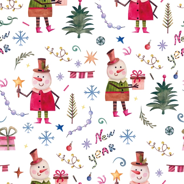 Christmas seamless pattern with snowmen Snowmen in a hat gifts and a star