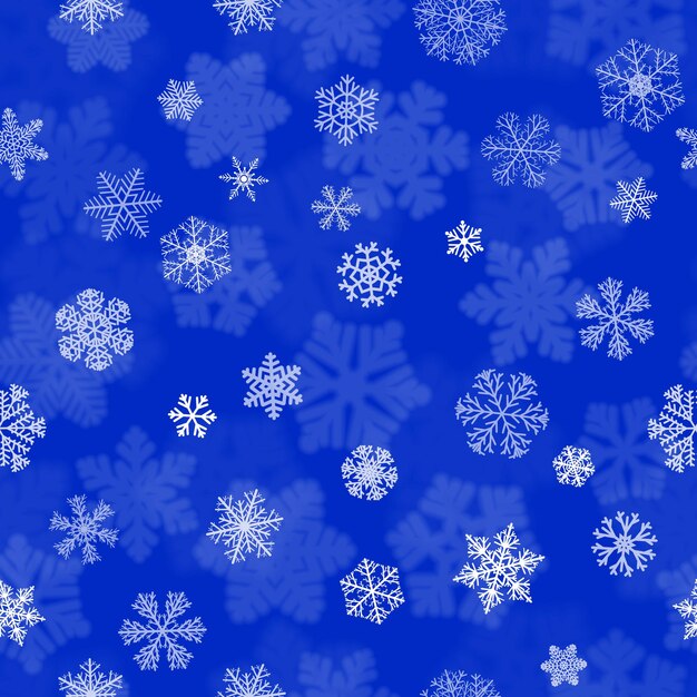 Christmas seamless pattern with white blurred and clear snowflakes on blue background Background with snowfall of big and small snowflakes Christmas vector illustration of beautiful snowflakes