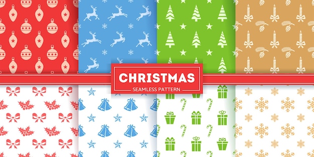 Christmas seamless patterns collection. Christmas trees, reindeers, snowflakes and other symbols