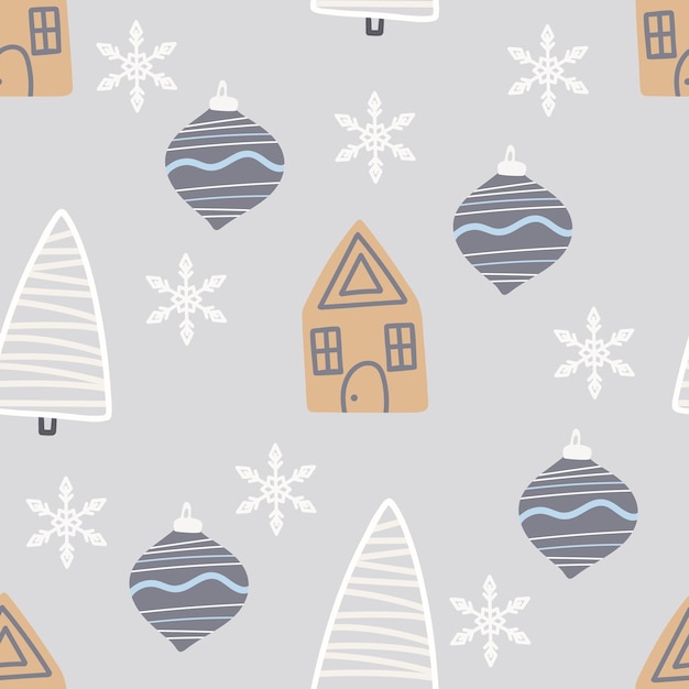 christmas tree and snowflake seamless pattern new year vector illustration in scandinavian style