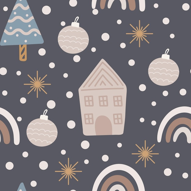 christmas tree and snowflake seamless pattern new year vector illustration in scandinavian style