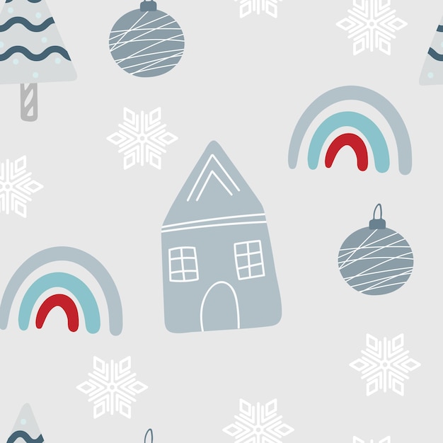 Christmas tree and snowflake seamless pattern New Year Vector illustration in Scandinavian style