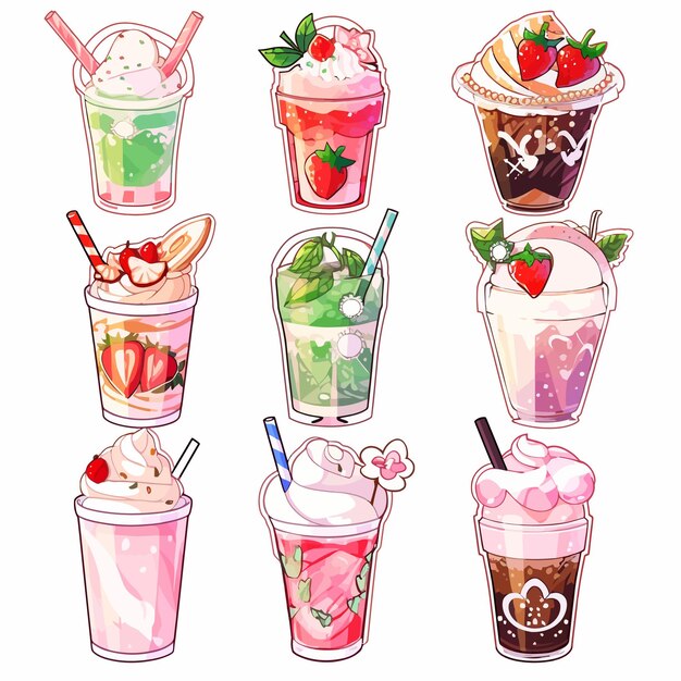 Çilekler, çilekler ve çilekler dahil olmak üzere farklı içeceklerin çizimi