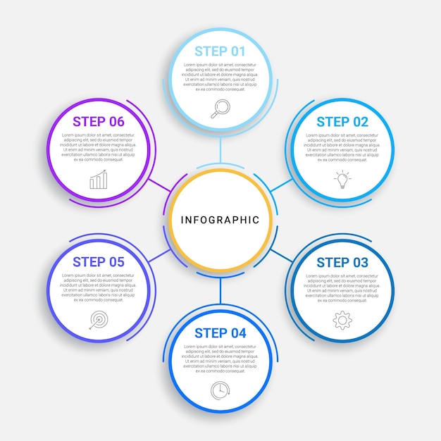 circle and line infographic design with 6 options