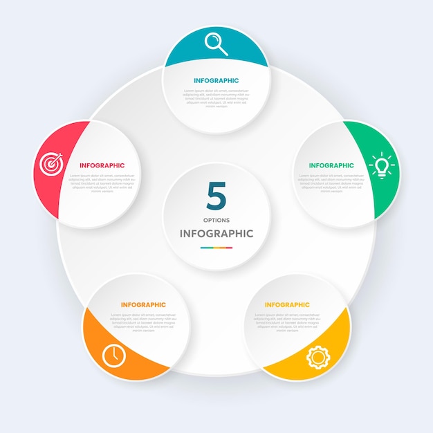 Circle chart infographic template with 5 options for presentations