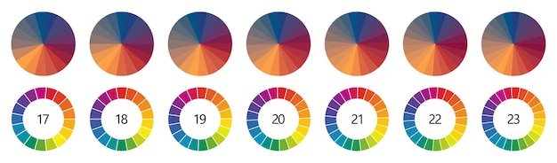 Circle shape divided into colorful segments version with 17 to 23 parts can be used as infographics element