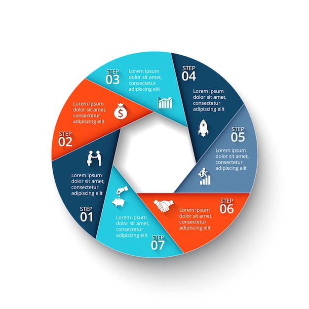 Circle with heptagon inside, divided into 7 parts. Vector infographic design illustration.