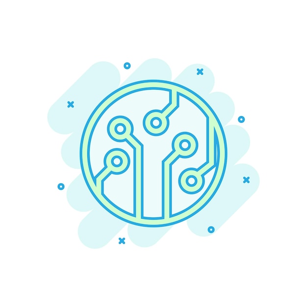 Circuit board icon in comic style Technology microchip vector cartoon illustration pictogram Processor motherboard business concept splash effect