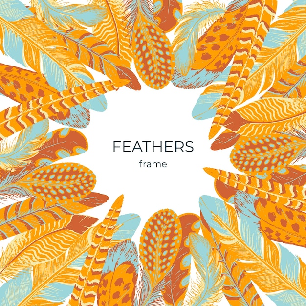Circular frame border made of colorful feathers. Yellow, blue, brown colors. Brush and paint texture
