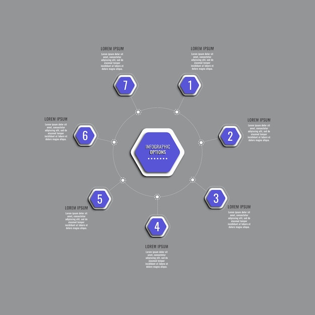 Circular infographic template with seven violet hexagonal elements on a grey background