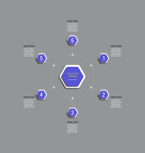 Circular infographic template with six violet hexagonal elements on a grey background