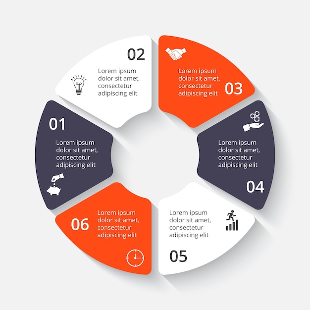 Circular pie chart divided into 6 colorful sectors. Flat infographic design template.