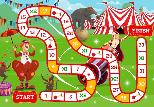 Circus boardgame shapito characters near big top